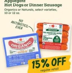 Applegate Hot Dogs or Dinner Sausage