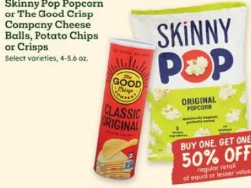 Skinny Pop Popcorn or The Good Crisp Company Cheese Balls, Potato Chips or Crisps