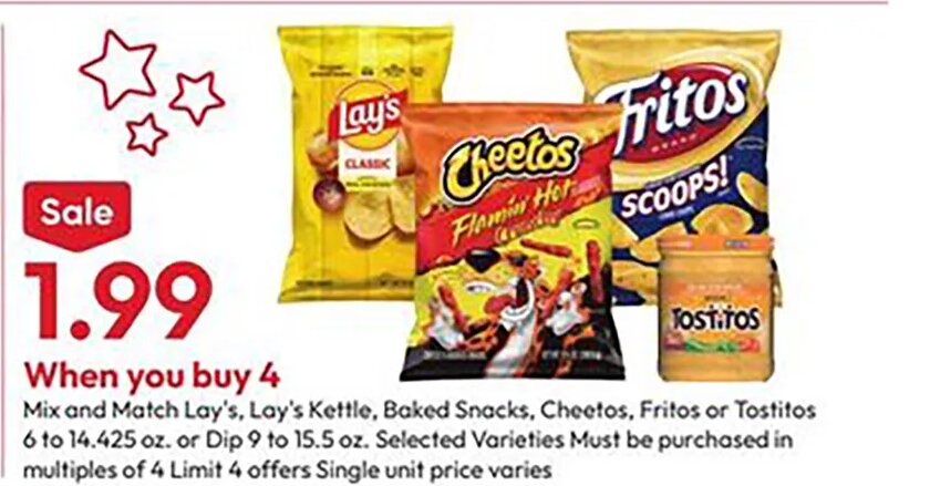 Lay's, Lay's Kettle, Baked Snacks, Cheetos, Fritos or Tostitos