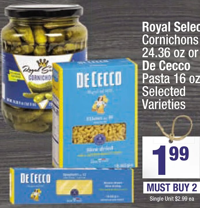 Royal Select Cornichons or De Cecco Pasta at Super King Markets