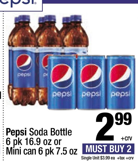 Pepsi Soda Bottle 6 pk or Mini can 6 pk at Super King Markets
