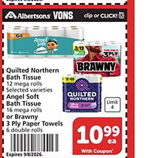 Quilted Northern Bath Tissue or Angel Soft Bath Tissue or Brawny Paper Towels at Vons