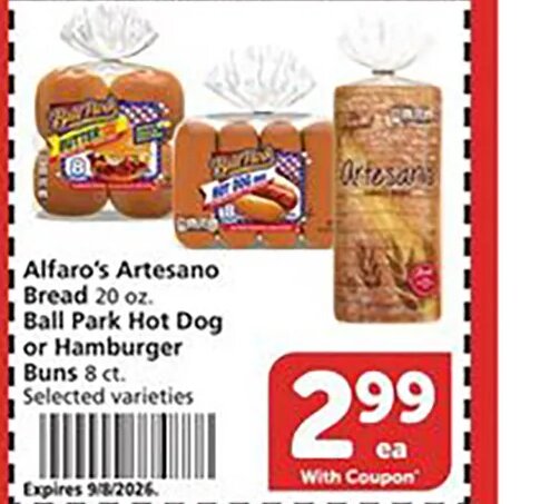 Alfaro's Artesano Bread or Ball Park Hot Dog or Hamburger Buns