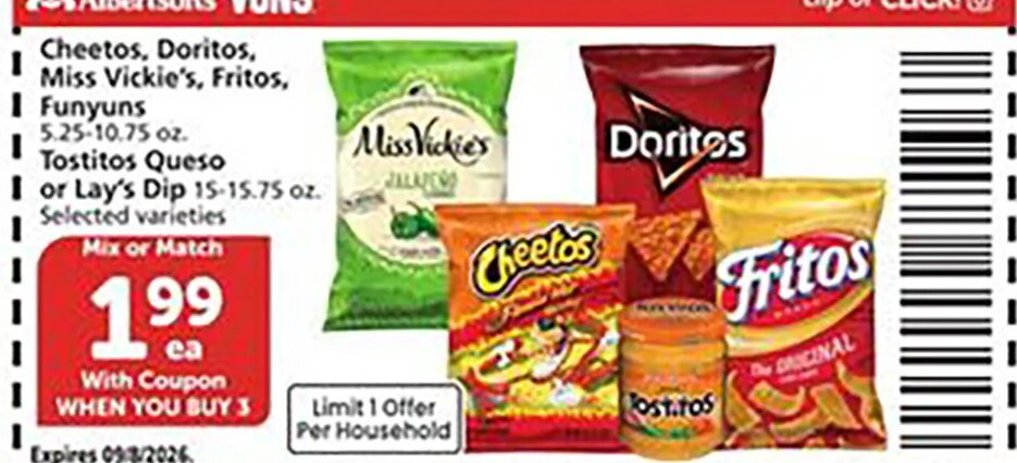 Cheetos, Doritos, Miss Vickie's, Fritos, Funyuns, Tostitos Queso or Lay's Dip at Vons