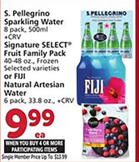 S. Pellegrino Sparkling Water, Signature SELECT Fruit Family Pack, or FIJI Natural Artesian Water