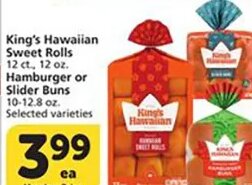 King's Hawaiian Sweet Rolls or Slider Buns