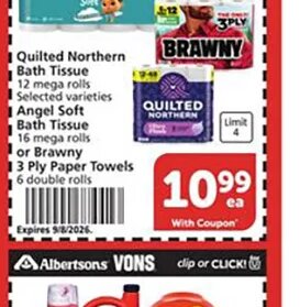 Quilted Northern Bath Tissue or Brawny Paper Towels at Vons