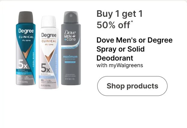 Dove Men's or Degree Spray or Solid Deodorant