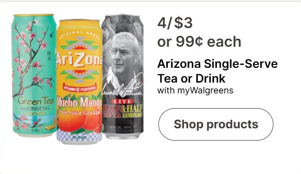 Arizona Single-Serve Tea or Drink at Walgreens