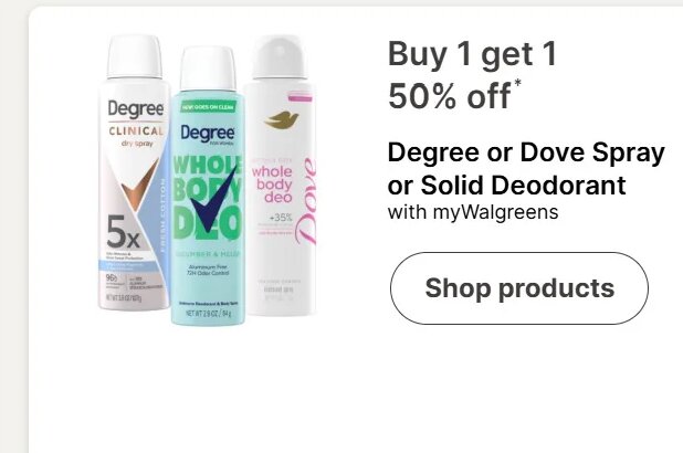 Degree or Dove Spray or Solid Deodorant