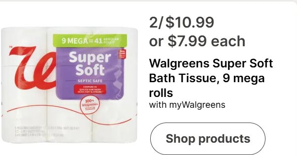 Walgreens Super Soft Bath Tissue, 9 mega rolls at Walgreens