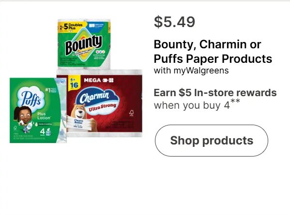 Bounty, Charmin or Puffs Paper Products at Walgreens