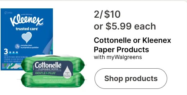 Cottonelle or Kleenex Paper Products at Walgreens