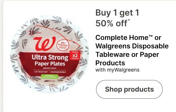 Complete Home or Walgreens Disposable Tableware or Paper Products