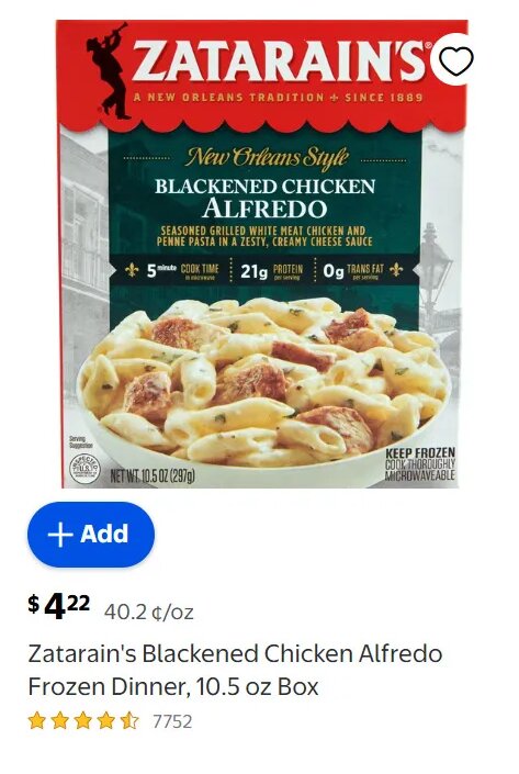Zatarain's Blackened Chicken Alfredo Frozen Dinner, 10.5 oz Box