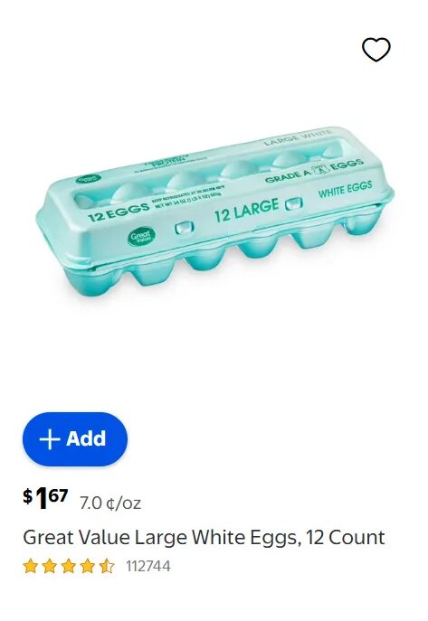 Great Value Large White Eggs, 12 Count at Walmart