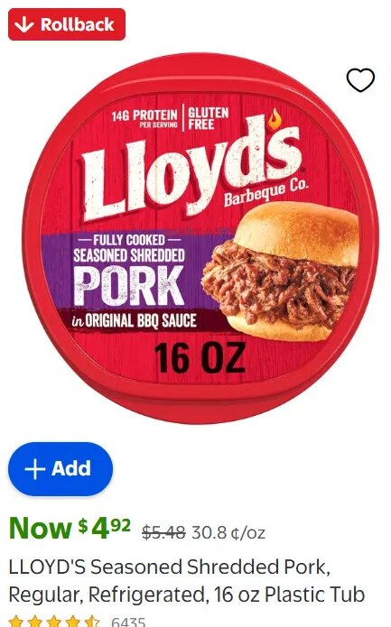LLOYD'S Seasoned Shredded Pork, Regular, Refrigerated, 16 oz Plastic Tub