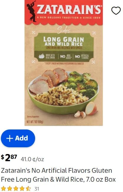 Zatarain's No Artificial Flavors Gluten Free Long Grain & Wild Rice, 7.0 oz Box at Walmart