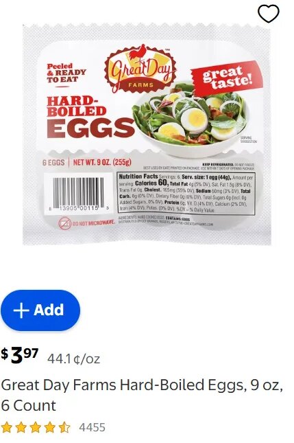 Great Day Farms Hard-Boiled Eggs, 9 oz, 6 Count at Walmart