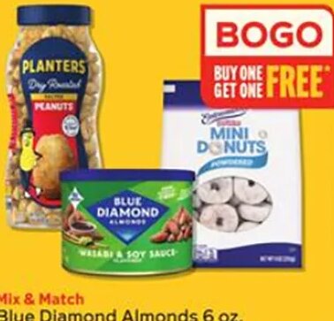 Blue Diamond Almonds 6 oz, Entenmann's Mini Donuts 9.5-10 oz or Planters Peanuts 16 oz
