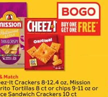 Cheez-It Crackers, Mission Burrito Tortillas or chips or Lance Sandwich Crackers
