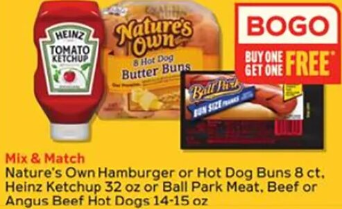 Nature's Own Hamburger or Hot Dog Buns 8 ct, Heinz Ketchup 32 oz or Ball Park Meat, Beef or Angus Beef Hot Dogs 14-15 oz