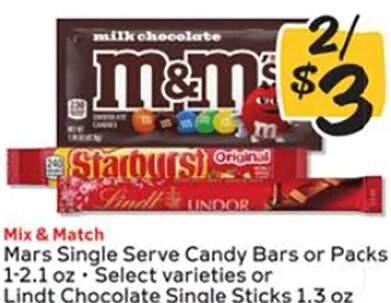 Mars Single Serve Candy Bars or Packs / Lindt Chocolate Single Sticks at Winn-Dixie